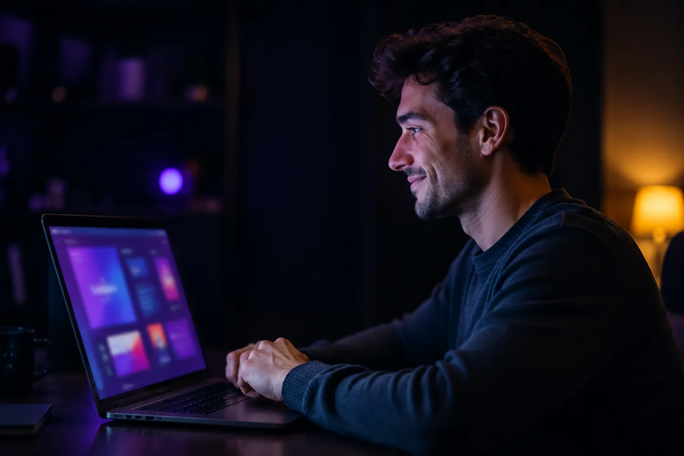 Pessoa sorrindo enquanto cria um site no notebook em ambiente iluminado de roxo